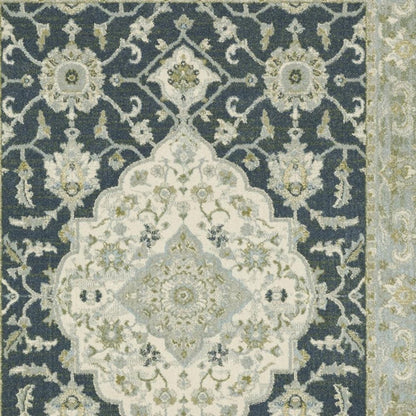 8' X 10' Teal Blue Ivory Green And Grey Oriental Power Loom Stain Resistant Area Rug