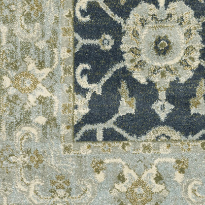 10' X 13' Teal Blue And Ivory Oriental Distressed Area Rug