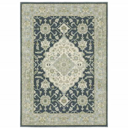 10' X 13' Teal Blue And Ivory Oriental Distressed Area Rug