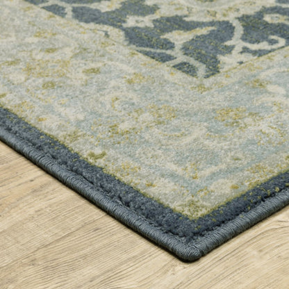 10' X 13' Teal Blue And Ivory Oriental Distressed Area Rug