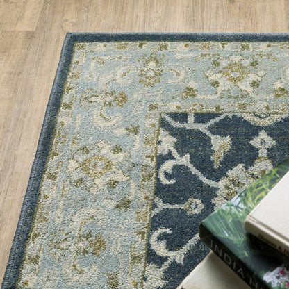 10' X 13' Teal Blue And Ivory Oriental Distressed Area Rug