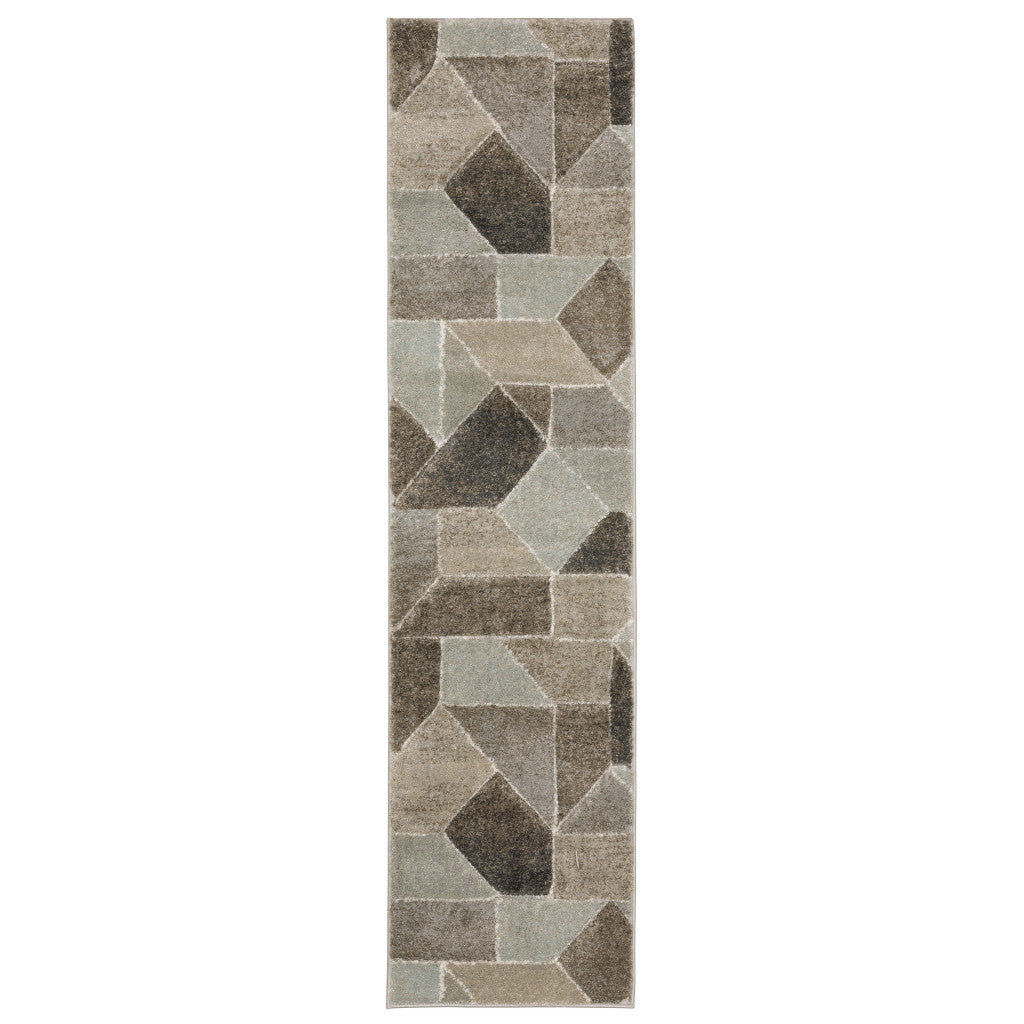 2' X 8' Grey Brown Beige Tan Taupe And Ivory Geometric Power Loom Stain Resistant Runner Rug