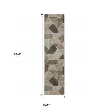 2' X 8' Grey Brown Beige Tan Taupe And Ivory Geometric Power Loom Stain Resistant Runner Rug