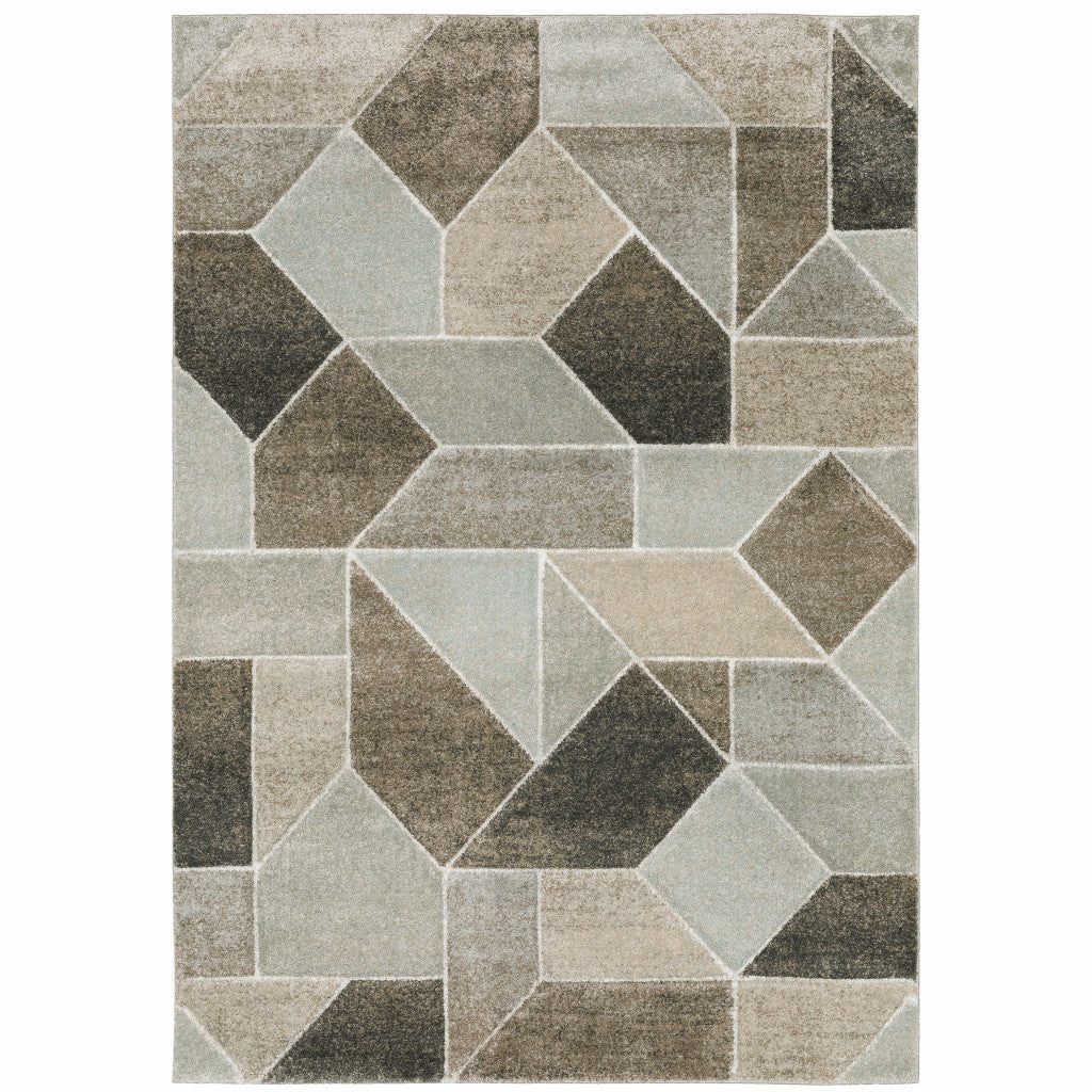 10' X 13' Grey Brown Beige Tan Taupe And Ivory Geometric Power Loom Stain Resistant Area Rug