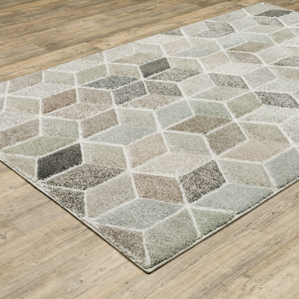 8' X 11' Beige Brown Grey Tan Sage And Pale Blue Geometric Power Loom Stain Resistant Area Rug