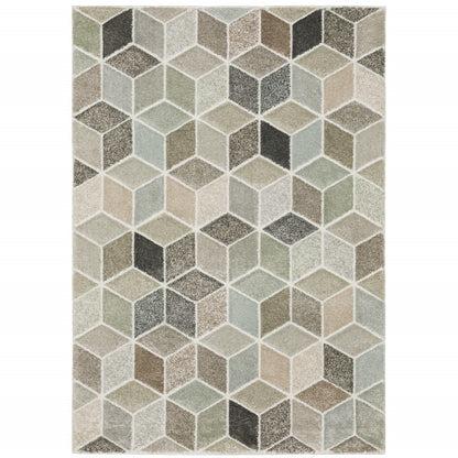 10' X 13' Beige Brown Grey Tan Sage And Pale Blue Geometric Power Loom Stain Resistant Area Rug