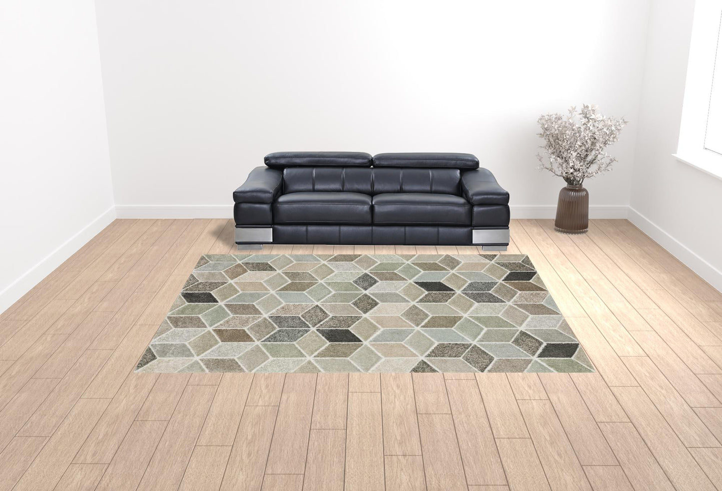 10' X 13' Beige Brown Grey Tan Sage And Pale Blue Geometric Power Loom Stain Resistant Area Rug