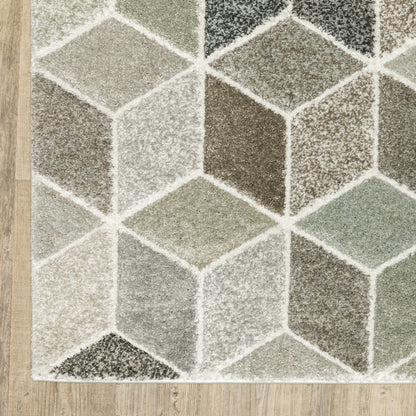 10' X 13' Beige Brown Grey Tan Sage And Pale Blue Geometric Power Loom Stain Resistant Area Rug