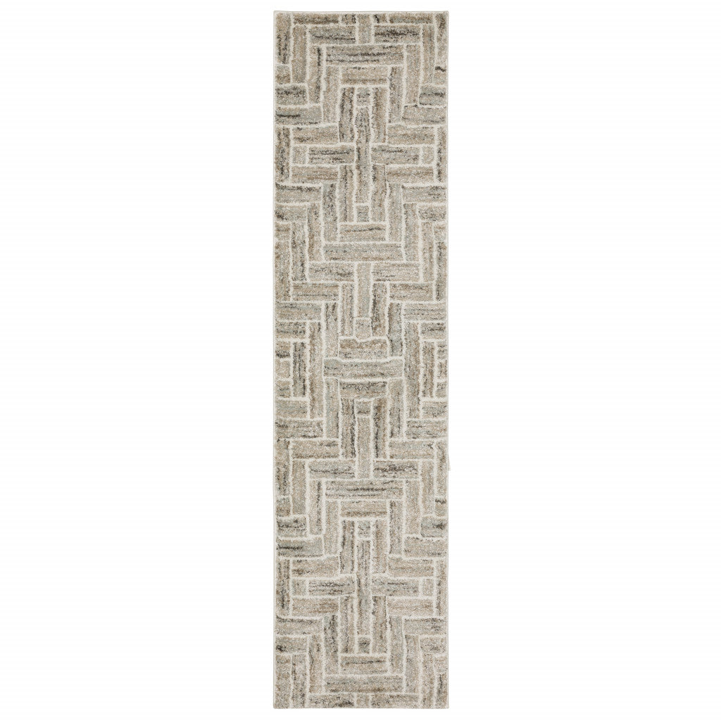 2' X 8' Beige And Ivory Geometric Power Loom Runner Rug