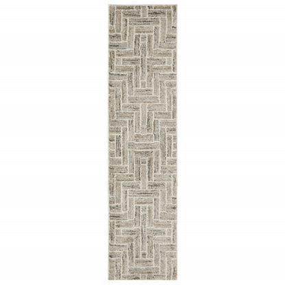 2' X 8' Beige And Ivory Geometric Power Loom Runner Rug