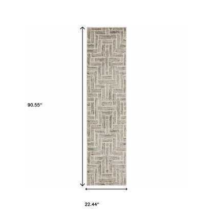 2' X 8' Beige And Ivory Geometric Power Loom Runner Rug