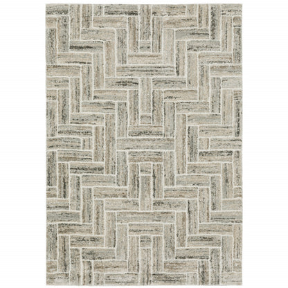 3' X 5' Ivory Beige Grey Brown Pale Blue And Charcoal Geometric Power Loom Stain Resistant Area Rug