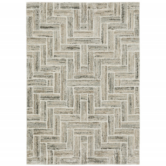 3' X 5' Ivory Beige Grey Brown Pale Blue And Charcoal Geometric Power Loom Stain Resistant Area Rug