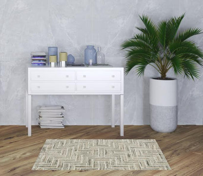 3' X 5' Ivory Beige Grey Brown Pale Blue And Charcoal Geometric Power Loom Stain Resistant Area Rug