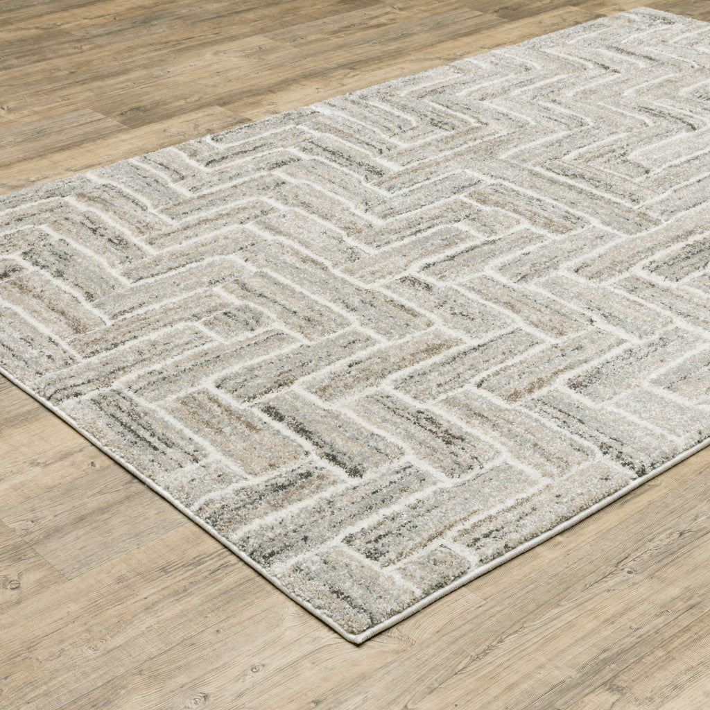 3' X 5' Ivory Beige Grey Brown Pale Blue And Charcoal Geometric Power Loom Stain Resistant Area Rug