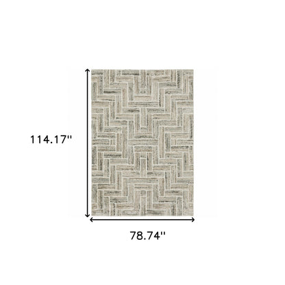 6' X 9' Ivory Beige Grey Brown Pale Blue And Charcoal Geometric Power Loom Stain Resistant Area Rug