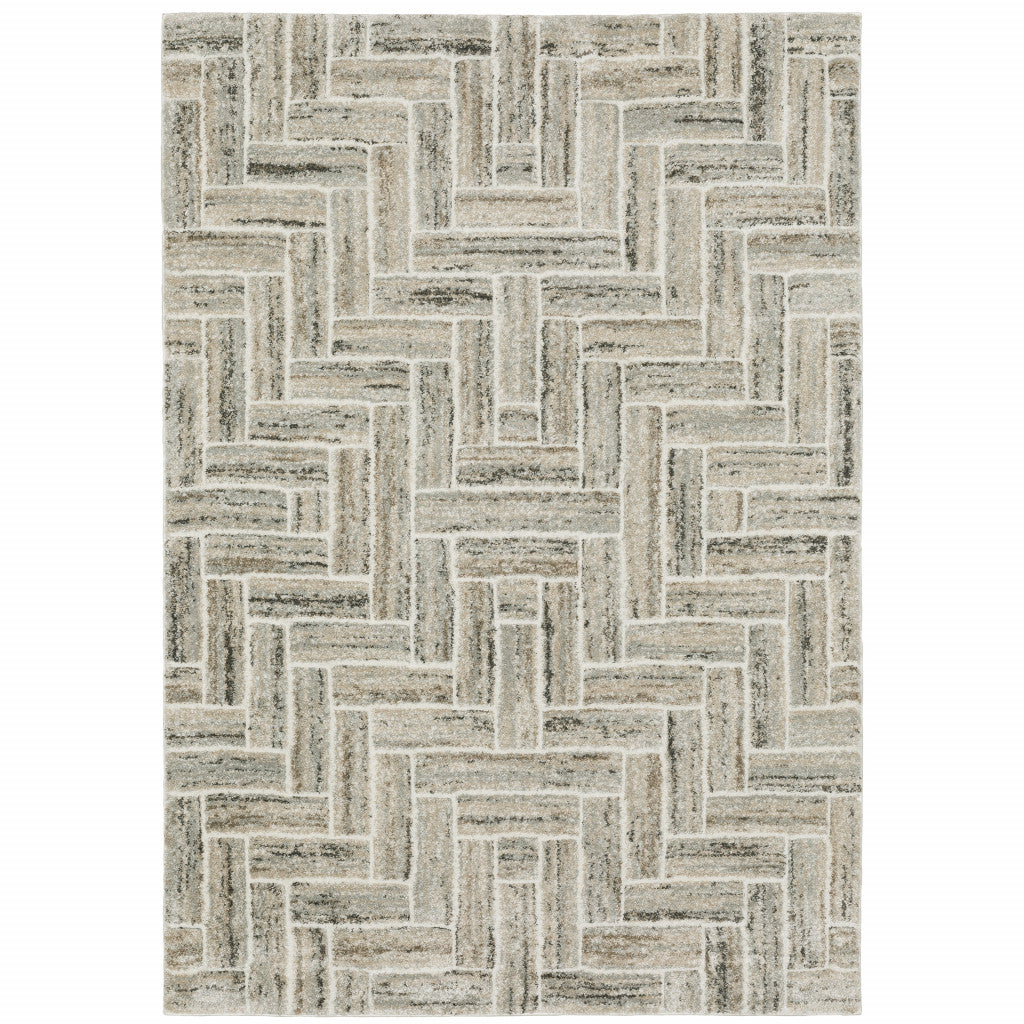 8' X 11' Ivory Beige Grey Brown Pale Blue And Charcoal Geometric Power Loom Stain Resistant Area Rug