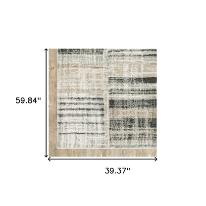 3' X 5' Grey Charcoal Ivory Tan Brown And Beige Geometric Power Loom Stain Resistant Area Rug