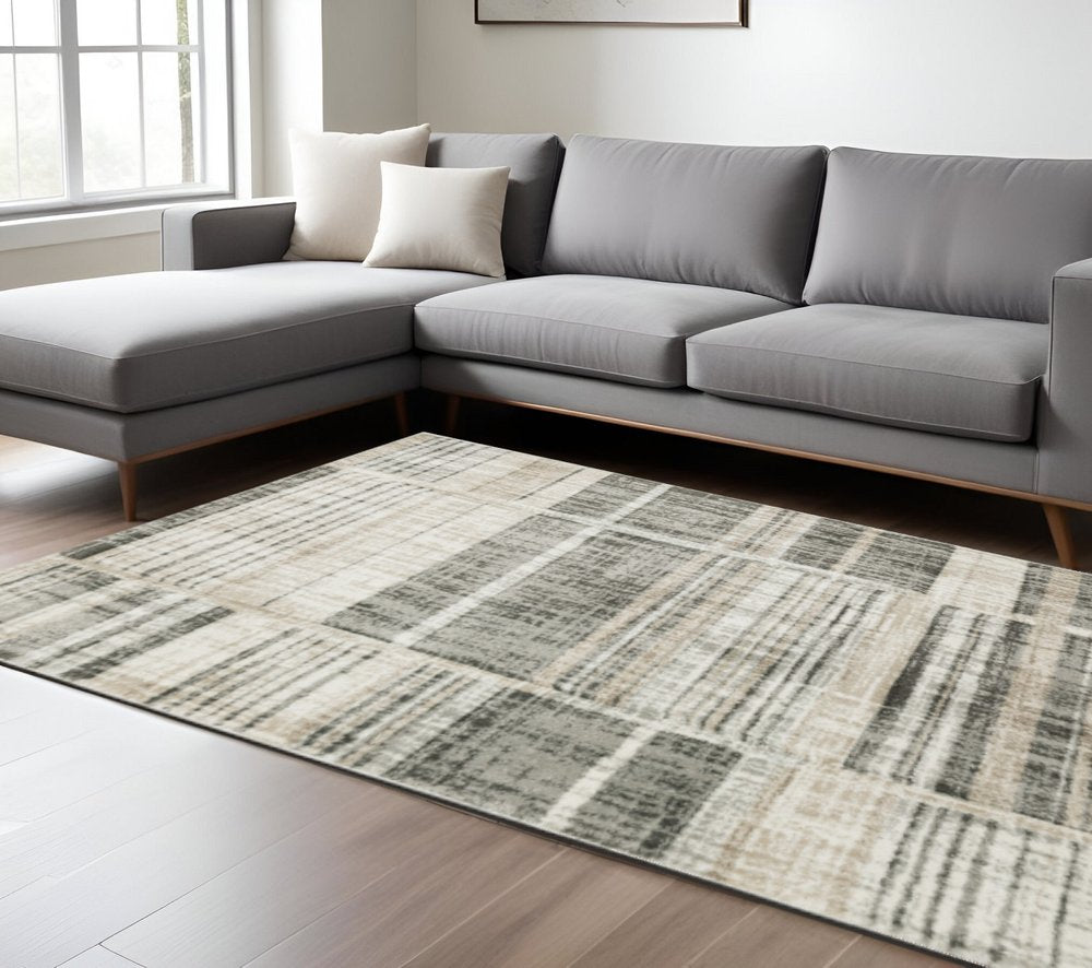 10' X 13' Grey Charcoal Ivory Tan Brown And Beige Geometric Power Loom Stain Resistant Area Rug