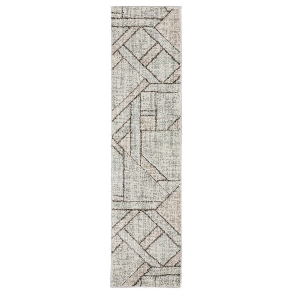 2' X 8' Grey Beige Sage Brown Tan Charcoal And Pale Blue Geometric Power Loom Stain Resistant Runner Rug