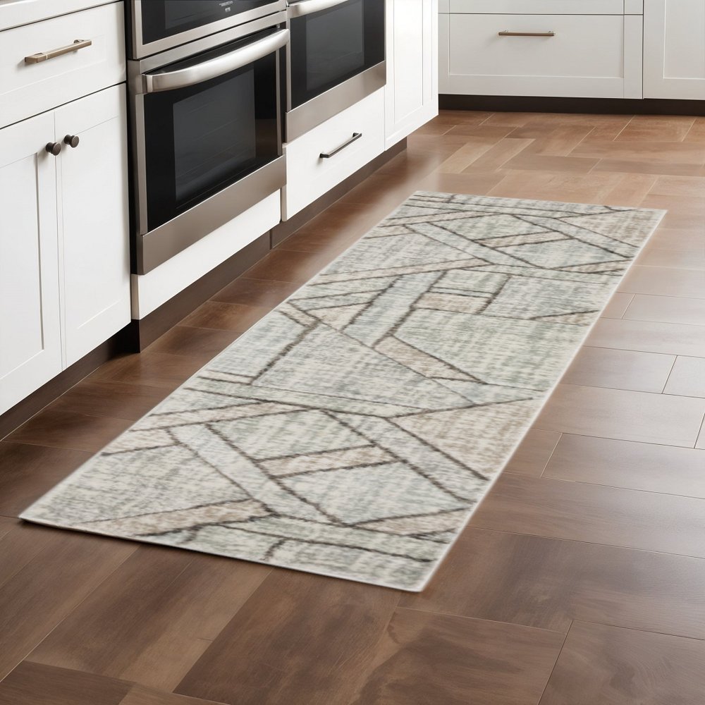 2' X 8' Grey Beige Sage Brown Tan Charcoal And Pale Blue Geometric Power Loom Stain Resistant Runner Rug