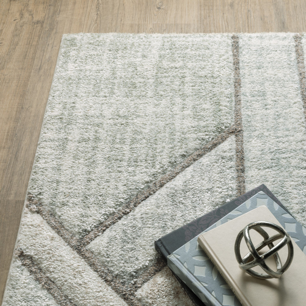 2' X 8' Grey Beige Sage Brown Tan Charcoal And Pale Blue Geometric Power Loom Stain Resistant Runner Rug