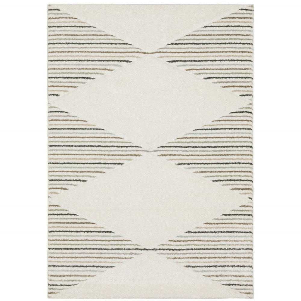 3' X 5' Beige Grey Sage Green Pale Blue Brown And Charcoal Geometric Power Loom Stain Resistant Area Rug