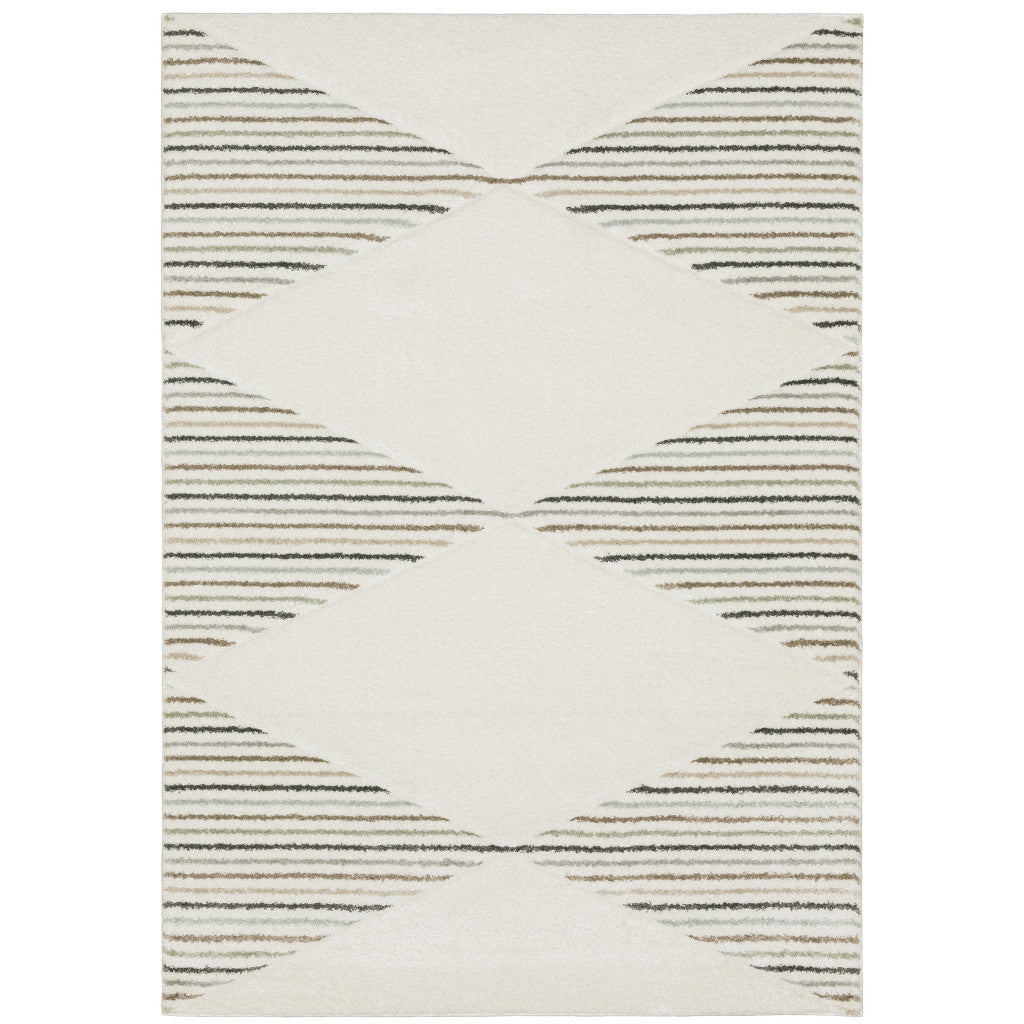 8' X 11' Beige Grey Sage Green Pale Blue Brown And Charcoal Geometric Power Loom Stain Resistant Area Rug