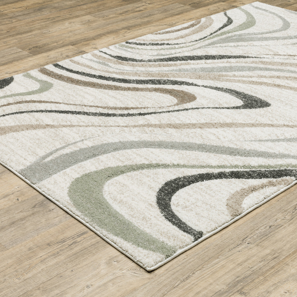 3' X 5' Beige Grey Brown Sage Pale Blue Tan And Charcoal Abstract Power Loom Stain Resistant Area Rug