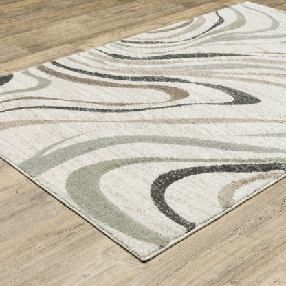 3' X 5' Beige Grey Brown Sage Pale Blue Tan And Charcoal Abstract Power Loom Stain Resistant Area Rug