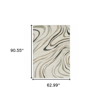 5' X 8' Beige Grey Brown Sage Pale Blue Tan And Charcoal Abstract Power Loom Stain Resistant Area Rug