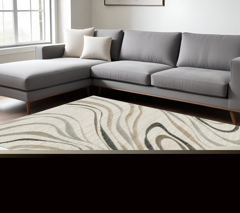 6' X 9' Beige Grey Brown Sage Pale Blue Tan And Charcoal Abstract Power Loom Stain Resistant Area Rug