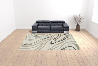 10' X 13' Beige Grey Brown Sage Pale Blue Tan And Charcoal Abstract Power Loom Stain Resistant Area Rug