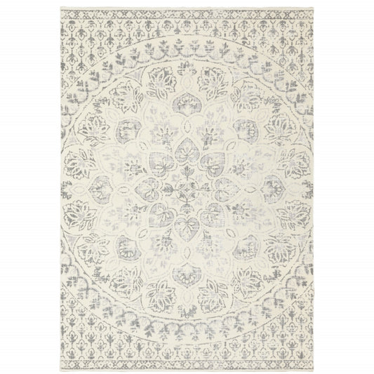 8' X 11' Ivory And Grey Floral Power Loom Stain Resistant Area Rug