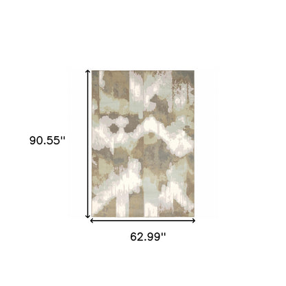 5' X 8' Sage Grey And Brown Abstract Power Loom Stain Resistant Area Rug