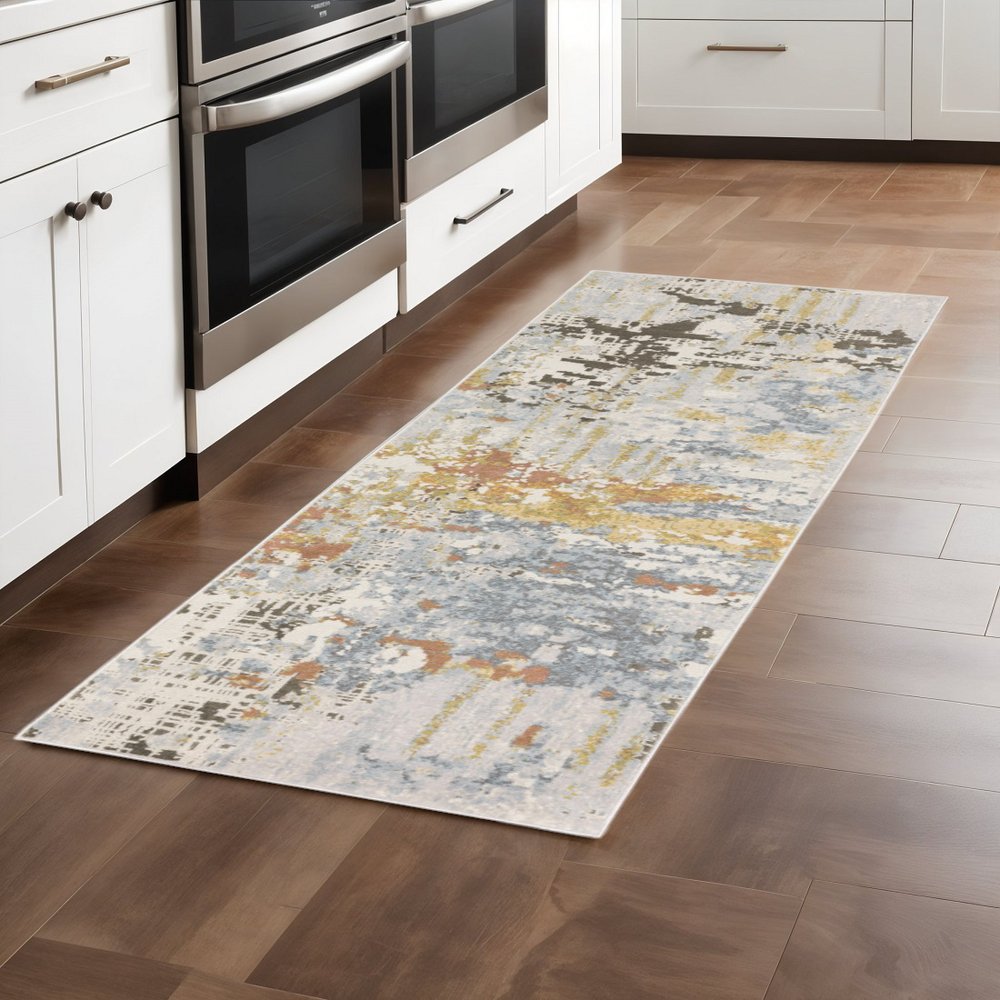 2' X 8' Grey Blue Beige Gold And Rust Abstract Power Loom Stain Resistant Runner Rug