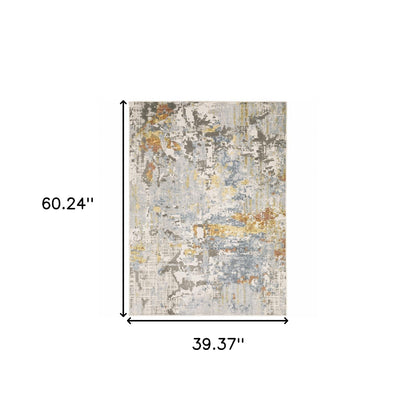 3' X 5' Grey Blue Beige Gold And Rust Abstract Power Loom Stain Resistant Area Rug