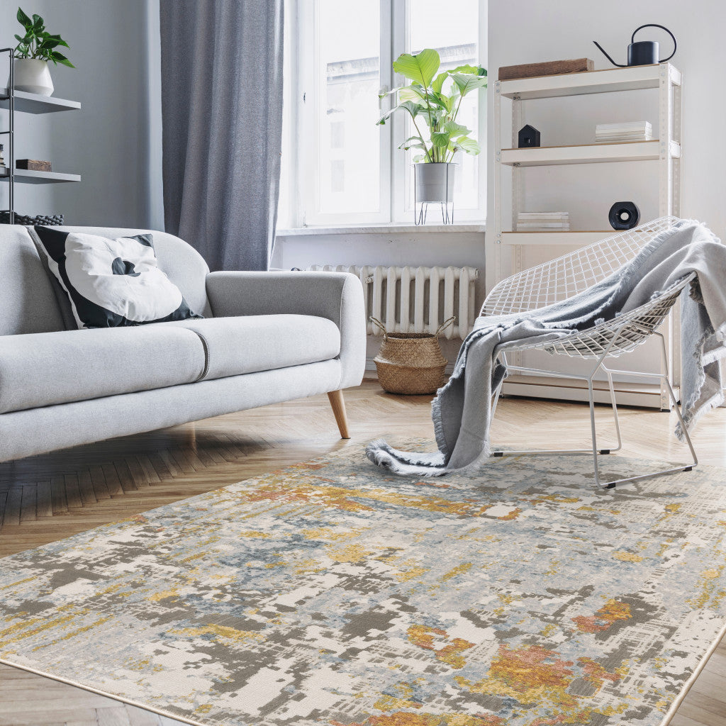 3' X 5' Grey Blue Beige Gold And Rust Abstract Power Loom Stain Resistant Area Rug