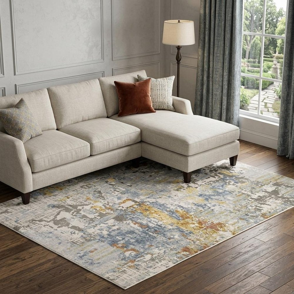 7' X 10' Beige And Blue Abstract Area Rug