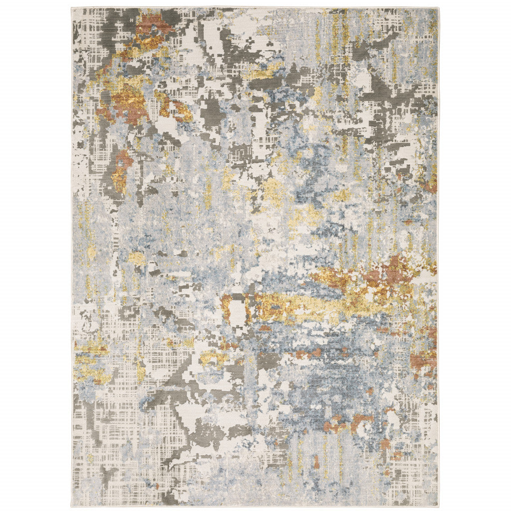 8' X 11' Grey Blue Beige Gold And Rust Abstract Power Loom Stain Resistant Area Rug