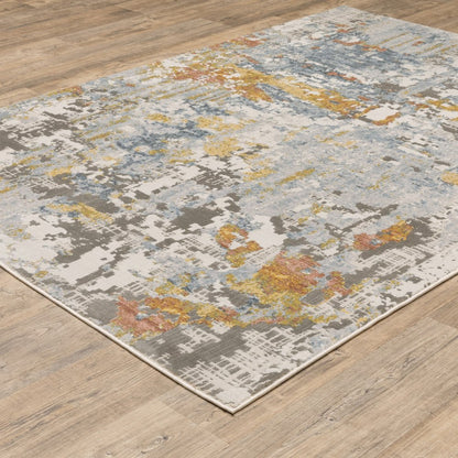 10' X 13' Grey Blue Beige Gold And Rust Abstract Power Loom Stain Resistant Area Rug