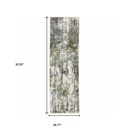 2' X 8' Green Blue Grey Ivory And Brown Abstract Power Loom Stain Resistant Runner Rug