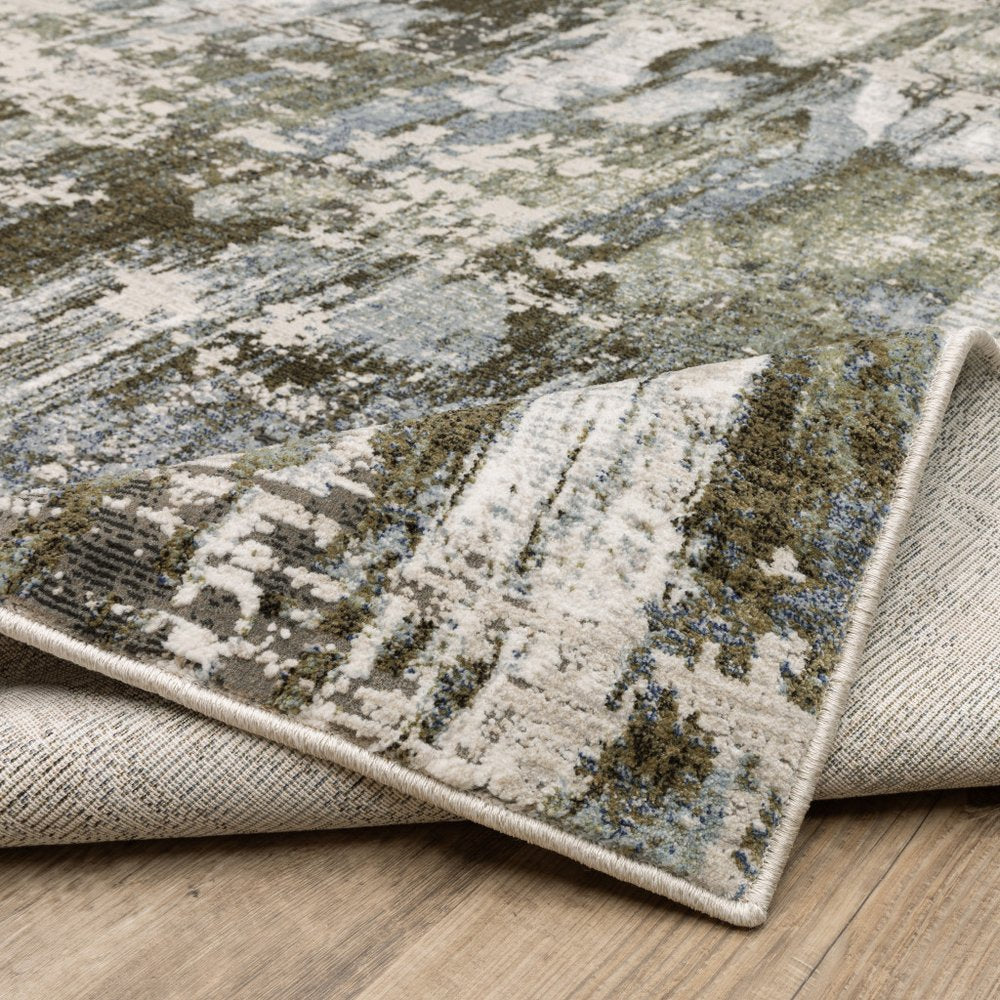 2' X 8' Green Blue Grey Ivory And Brown Abstract Power Loom Stain Resistant Runner Rug