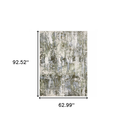 5' X 8' Green Blue Grey Ivory And Brown Abstract Power Loom Stain Resistant Area Rug