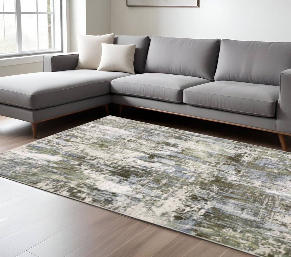 10' X 13' Green Blue Grey Ivory And Brown Abstract Power Loom Stain Resistant Area Rug