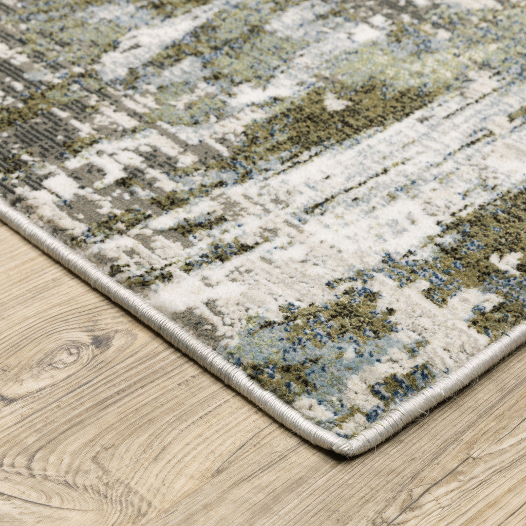 10' X 13' Green Blue Grey Ivory And Brown Abstract Power Loom Stain Resistant Area Rug