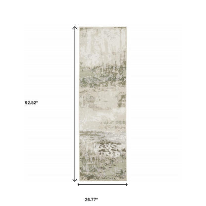 2' X 8' Beige Grey Brown And Sage Green Abstract Power Loom Stain Resistant Runner Rug