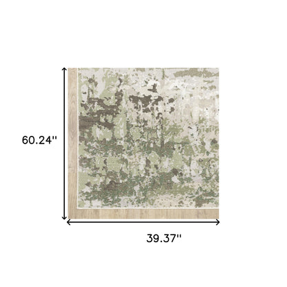 3' X 5' Beige Grey Brown And Sage Green Abstract Power Loom Stain Resistant Area Rug