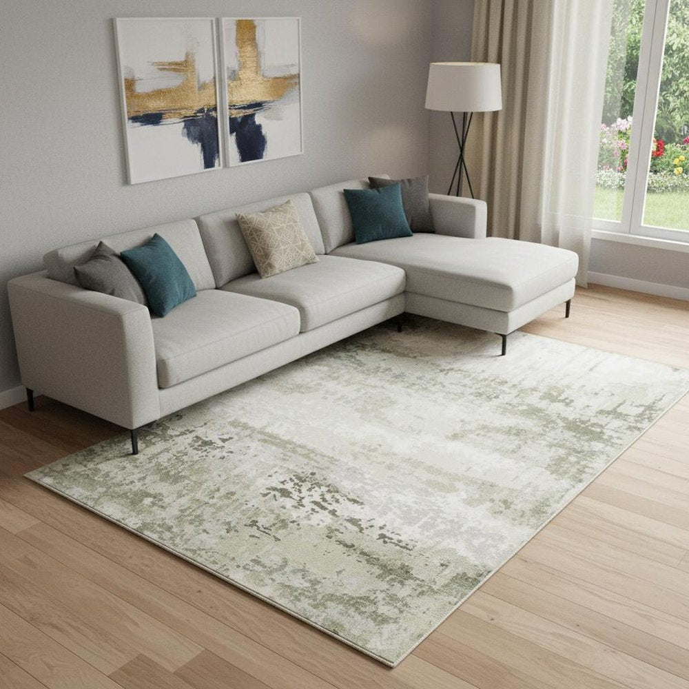 10' X 13' Beige Grey Brown And Sage Green Abstract Power Loom Stain Resistant Area Rug
