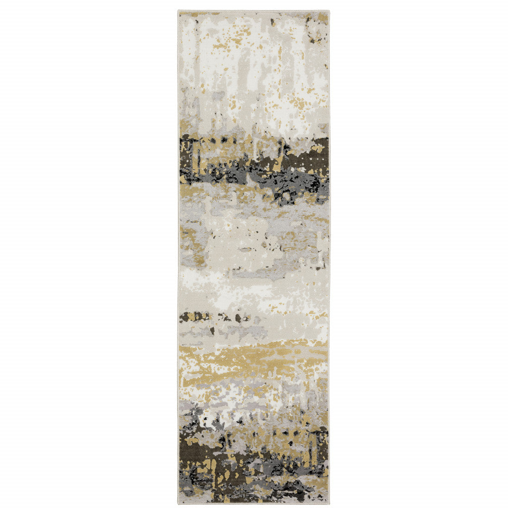 2' X 8' Grey Gold Beige Black And Brown Abstract Power Loom Stain Resistant Runner Rug